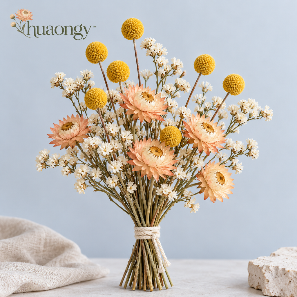 huaongy™ Honey Atelier Dried Flower Bouquet — 20 Real Yellow Billy Button, Apricot Strawflower & White Statice Stems