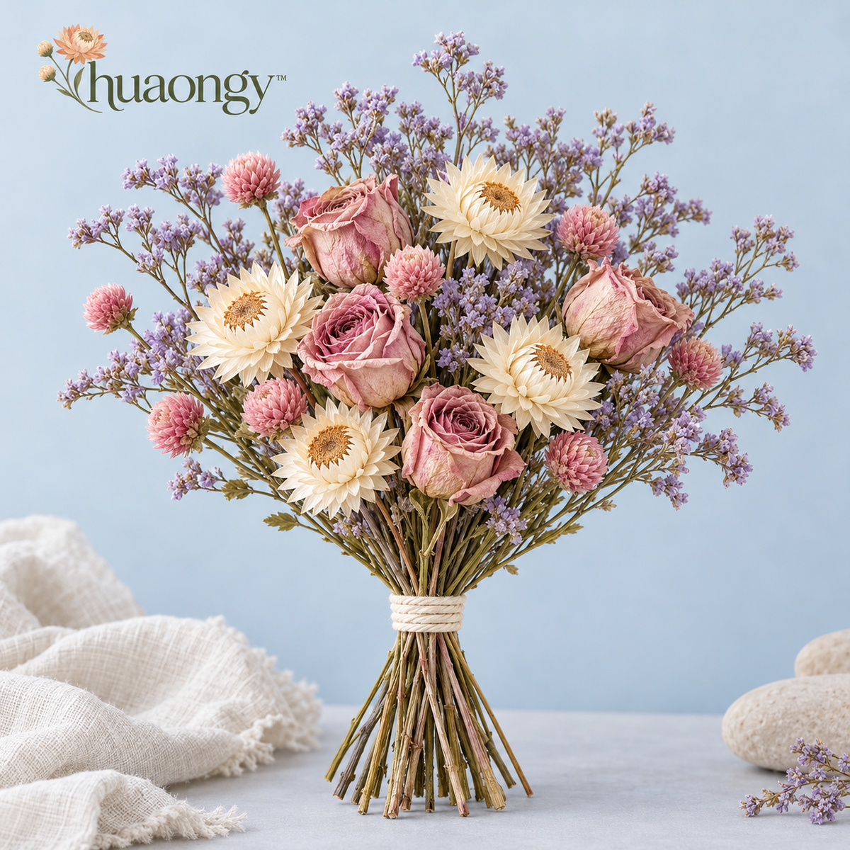 huaongy™ Blush Garden Gather Dried Flower Bouquet — 22 Real Rose, Strawflower, Statice & Globe Amaranth Stems, Pink Floral Gift