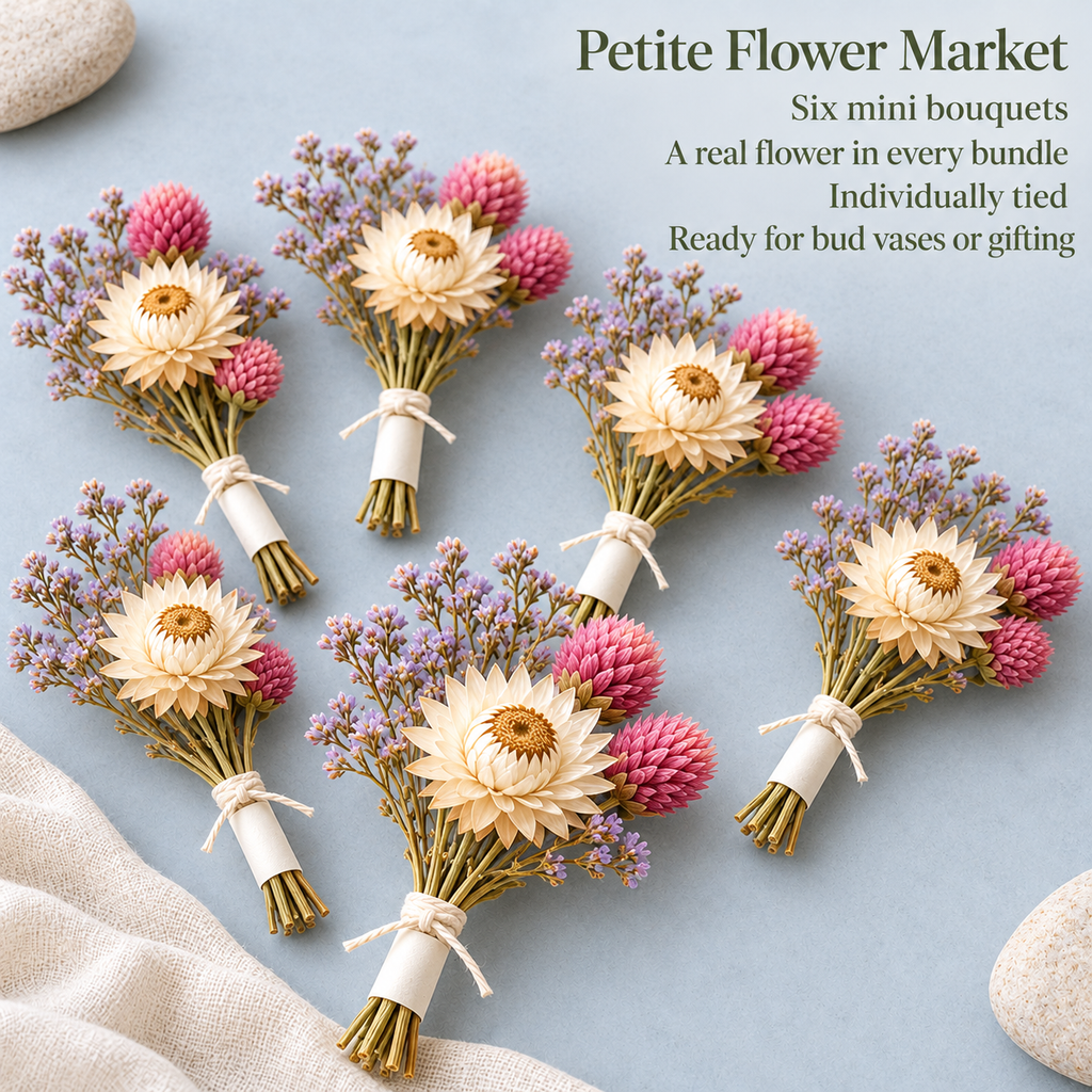 huaongy™ Petite Flower Market Mini Dried Flower Bouquet Set — 6 Small Real Flower Bundles for Bud Vases, Place Settings & Gifting