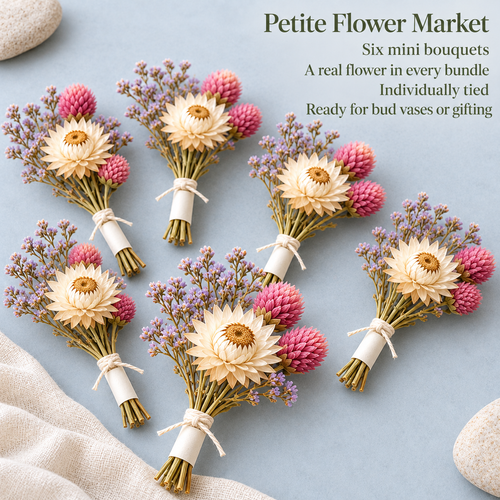 huaongy™ Petite Flower Market Mini Dried Flower Bouquet Set — 6 Small Real Flower Bundles for Bud Vases, Place Settings & Gifting