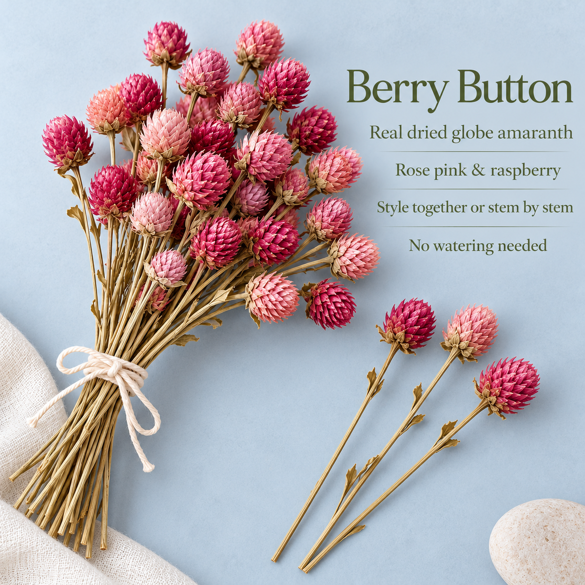 huaongy™ Berry Button Dried Globe Amaranth Bouquet — 25 Real Pink & Raspberry Gomphrena Stems for Small Vase Arrangements