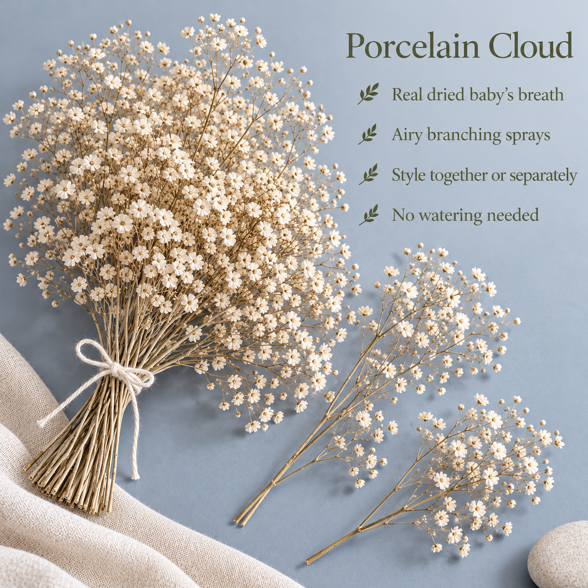 huaongy™ Porcelain Cloud Dried Baby’s Breath Bouquet — 10 Real Gypsophila Sprays, Natural Off-White Flowers for Vase Styling