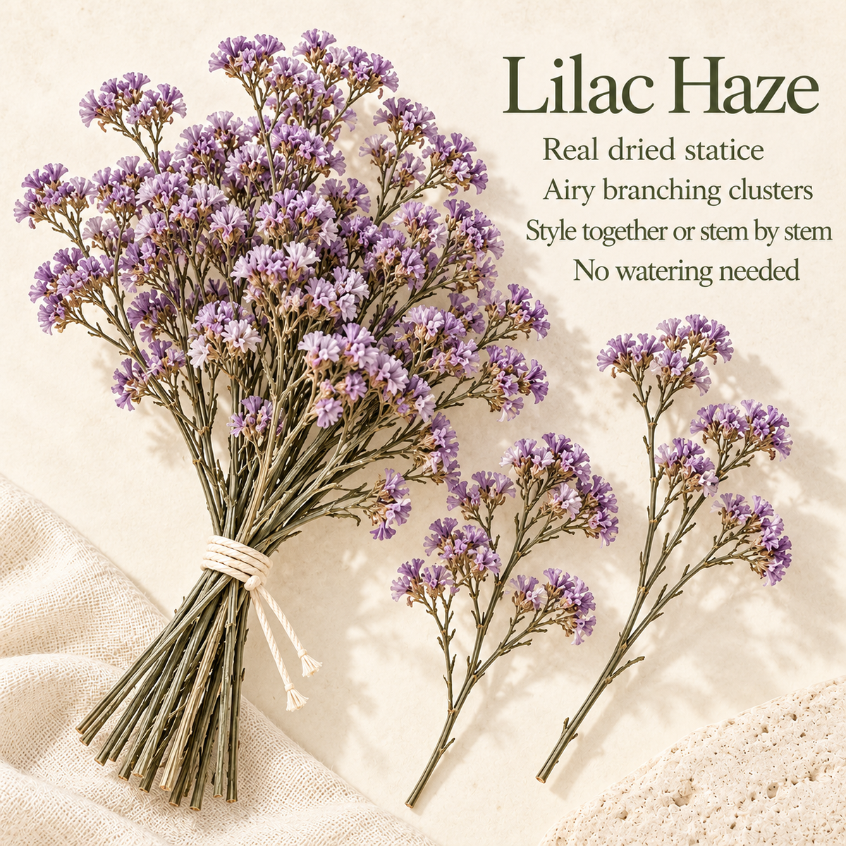 huaongy™ Lilac Haze Dried Statice Flower Bunch — 12 Real Lavender-Purple Branching Stems for Floral Arrangements & Vase Decor