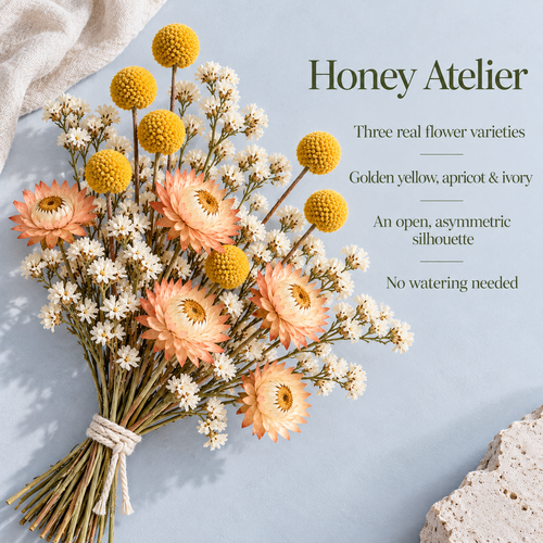 huaongy™ Honey Atelier Dried Flower Bouquet — 20 Real Yellow Billy Button, Apricot Strawflower & White Statice Stems