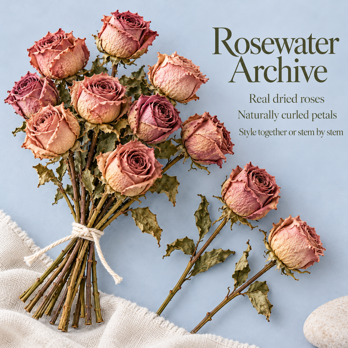 huaongy™ Rosewater Archive Dried Rose Bouquet — 10 Real Dusty Pink Rose Stems, Vintage Floral Bunch for Vase Decor & Gifting