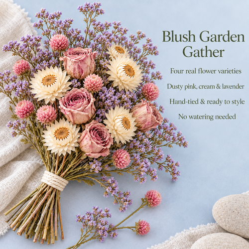 huaongy™ Blush Garden Gather Dried Flower Bouquet — 22 Real Rose, Strawflower, Statice & Globe Amaranth Stems, Pink Floral Gift