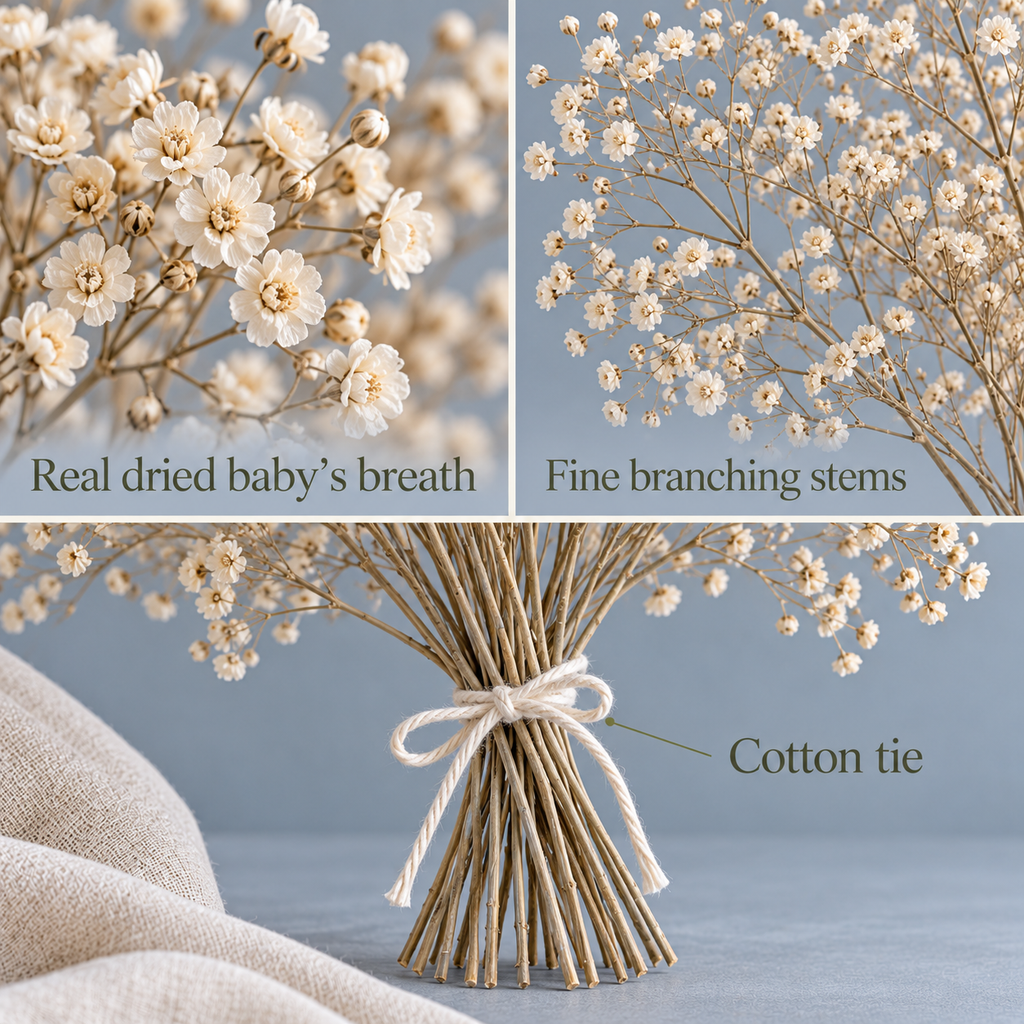 huaongy™ Porcelain Cloud Dried Baby’s Breath Bouquet — 10 Real Gypsophila Sprays, Natural Off-White Flowers for Vase Styling