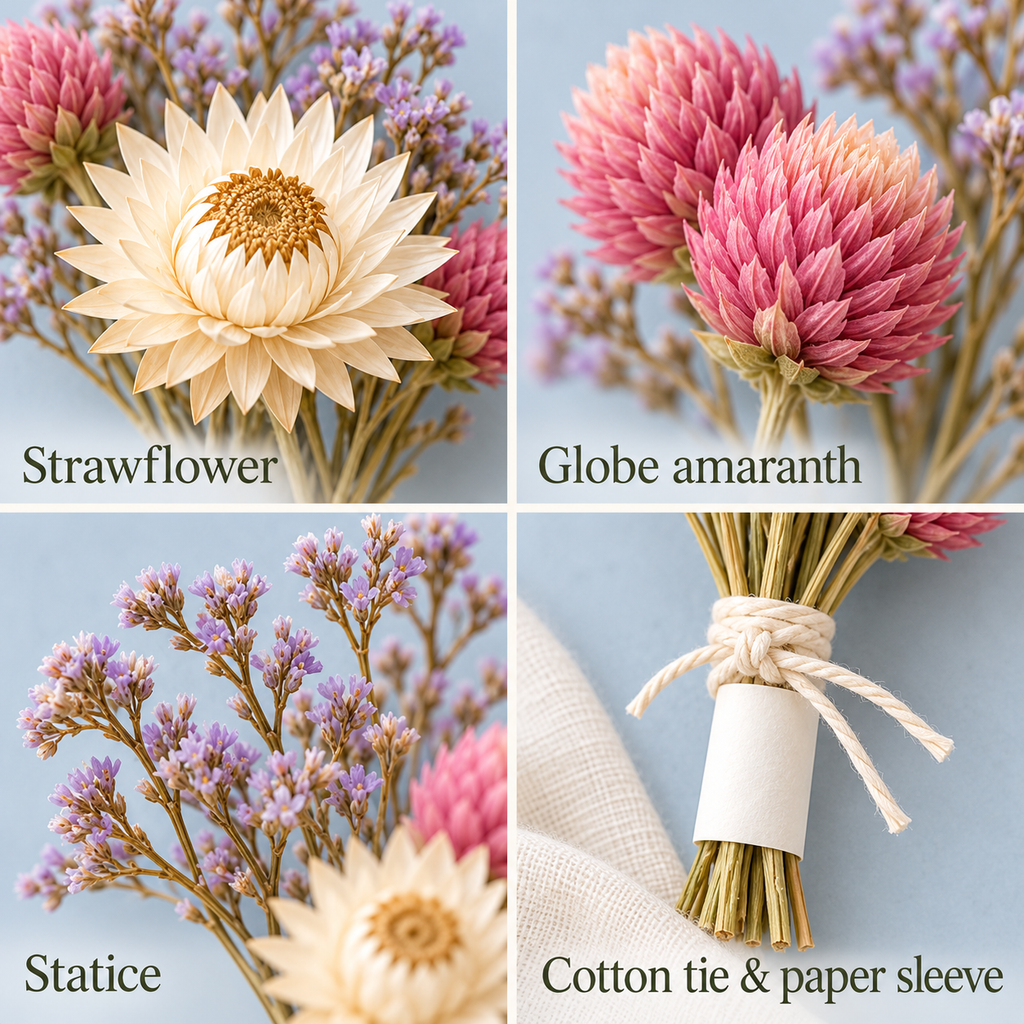 huaongy™ Petite Flower Market Mini Dried Flower Bouquet Set — 6 Small Real Flower Bundles for Bud Vases, Place Settings & Gifting