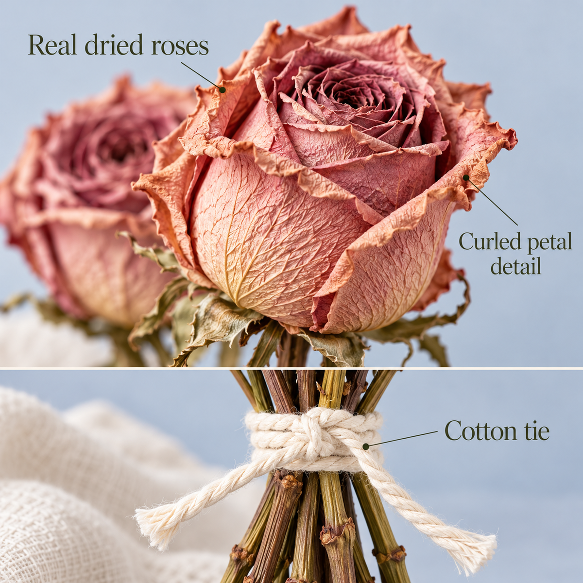 huaongy™ Rosewater Archive Dried Rose Bouquet — 10 Real Dusty Pink Rose Stems, Vintage Floral Bunch for Vase Decor & Gifting
