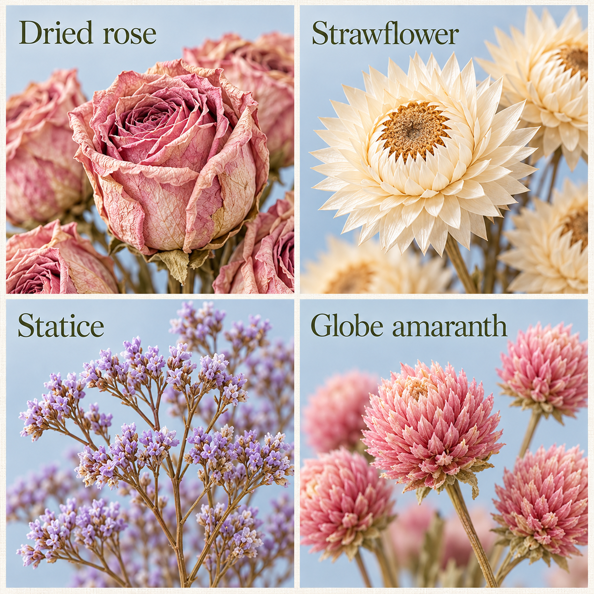 huaongy™ Blush Garden Gather Dried Flower Bouquet — 22 Real Rose, Strawflower, Statice & Globe Amaranth Stems, Pink Floral Gift