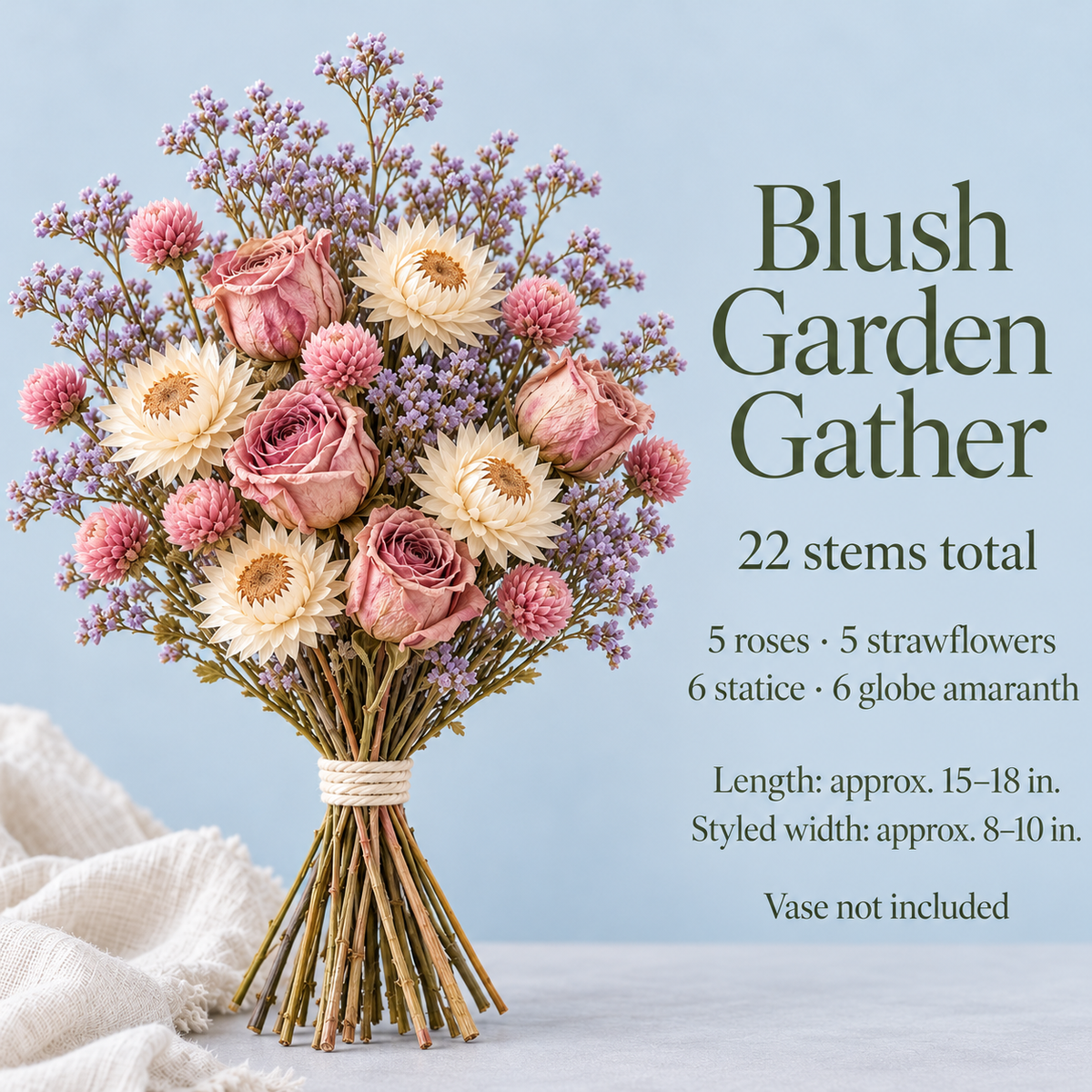 huaongy™ Blush Garden Gather Dried Flower Bouquet — 22 Real Rose, Strawflower, Statice & Globe Amaranth Stems, Pink Floral Gift