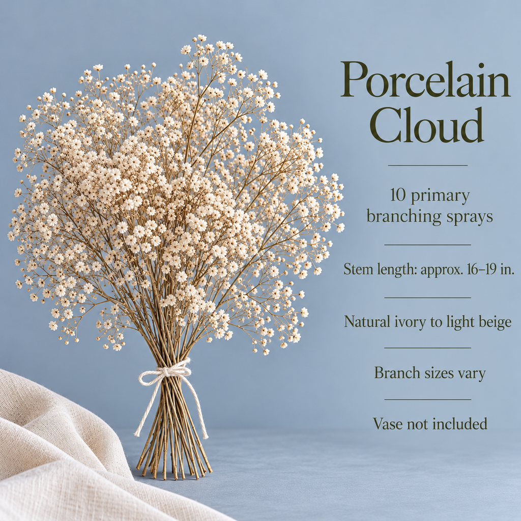 huaongy™ Porcelain Cloud Dried Baby’s Breath Bouquet — 10 Real Gypsophila Sprays, Natural Off-White Flowers for Vase Styling