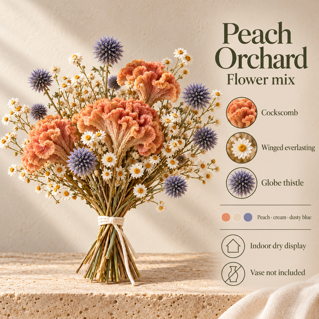 huaongy™ Sunday Flower Study Large Dried Flower Bouquet — 30 Real Rose, Strawflower, Statice, Globe Amaranth & Billy Button Stems
