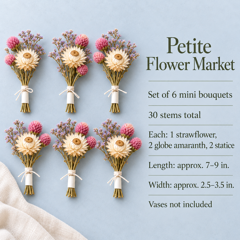 huaongy™ Petite Flower Market Mini Dried Flower Bouquet Set — 6 Small Real Flower Bundles for Bud Vases, Place Settings & Gifting
