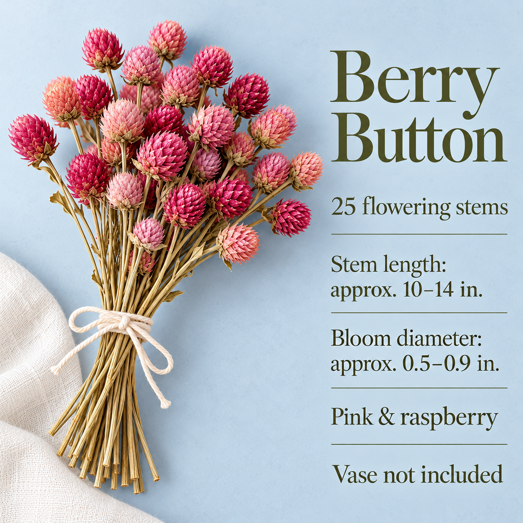 huaongy™ Berry Button Dried Globe Amaranth Bouquet — 25 Real Pink & Raspberry Gomphrena Stems for Small Vase Arrangements