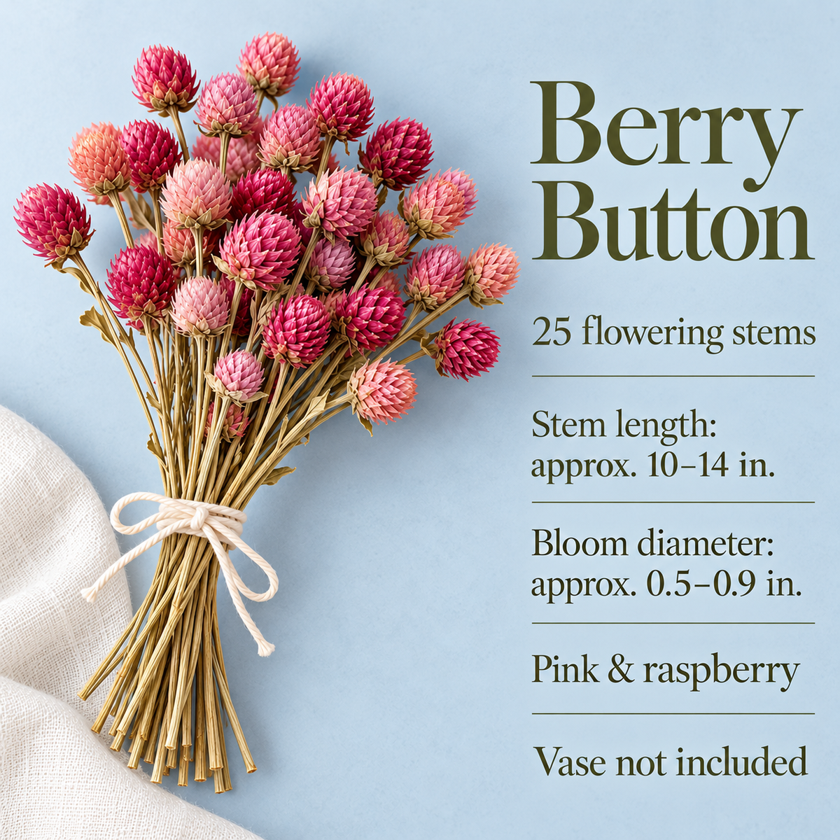 huaongy™ Berry Button Dried Globe Amaranth Bouquet — 25 Real Pink & Raspberry Gomphrena Stems for Small Vase Arrangements