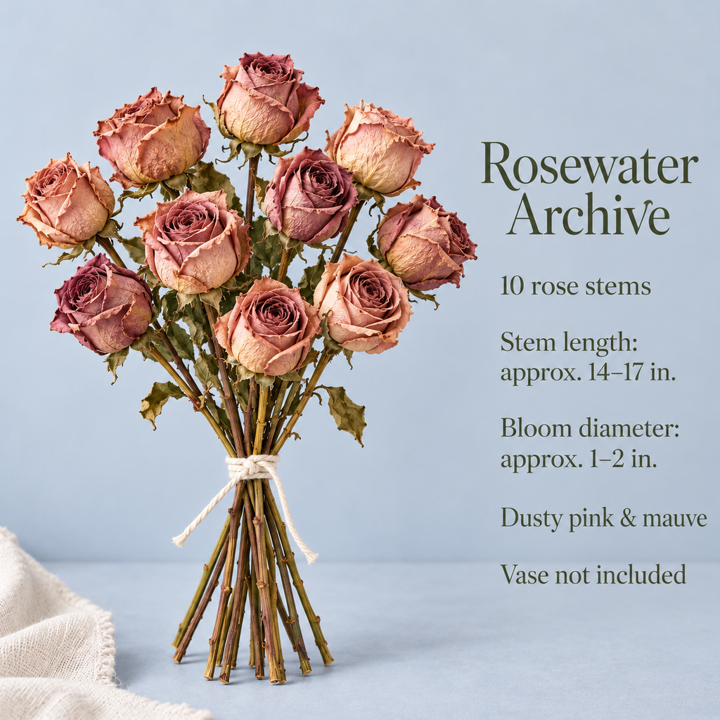 huaongy™ Rosewater Archive Dried Rose Bouquet — 10 Real Dusty Pink Rose Stems, Vintage Floral Bunch for Vase Decor & Gifting