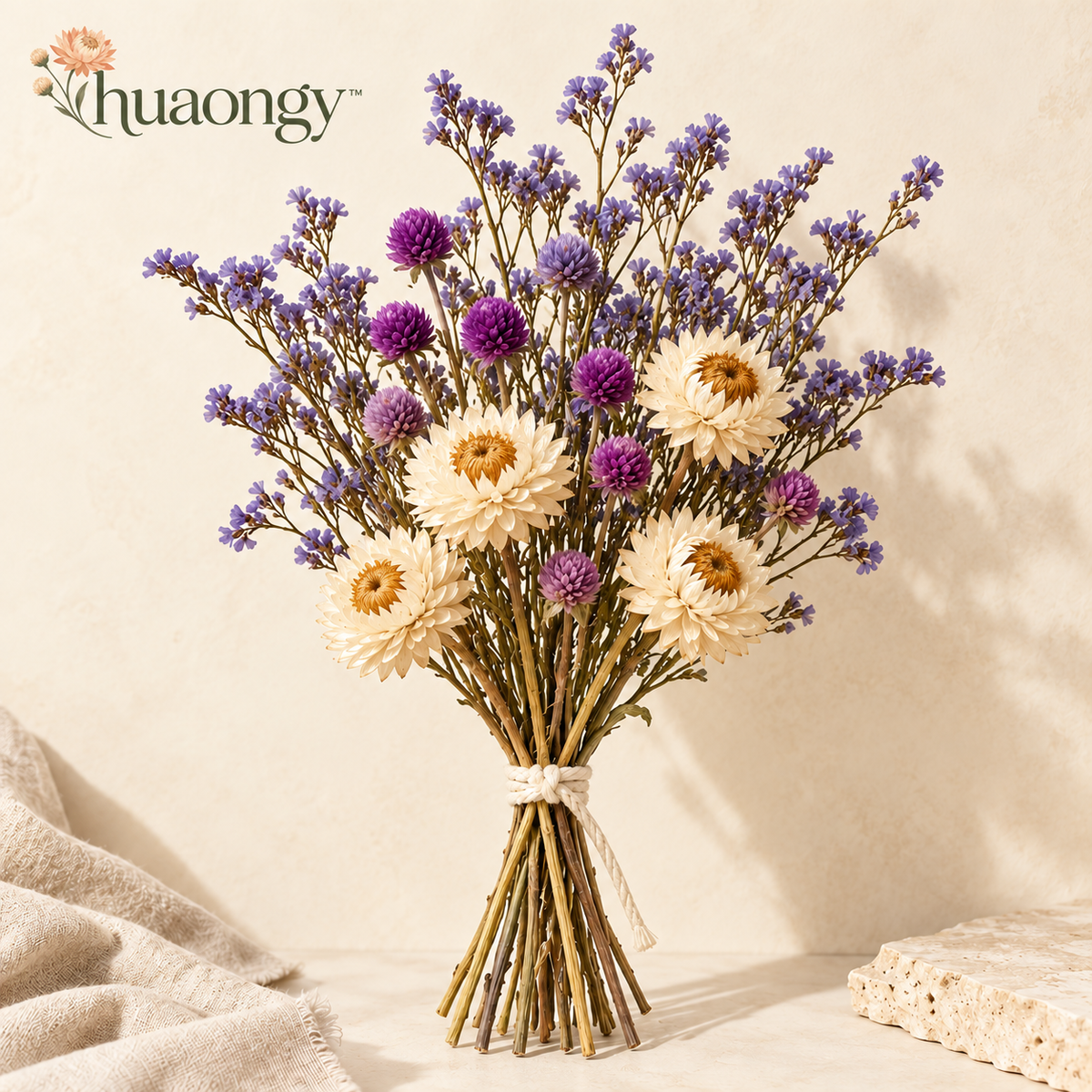 huaongy™ Blue Hour Bloom Dried Flower Bouquet — 20 Real Statice, Globe Amaranth & Strawflower Stems, Blue-Violet Floral Arrangement