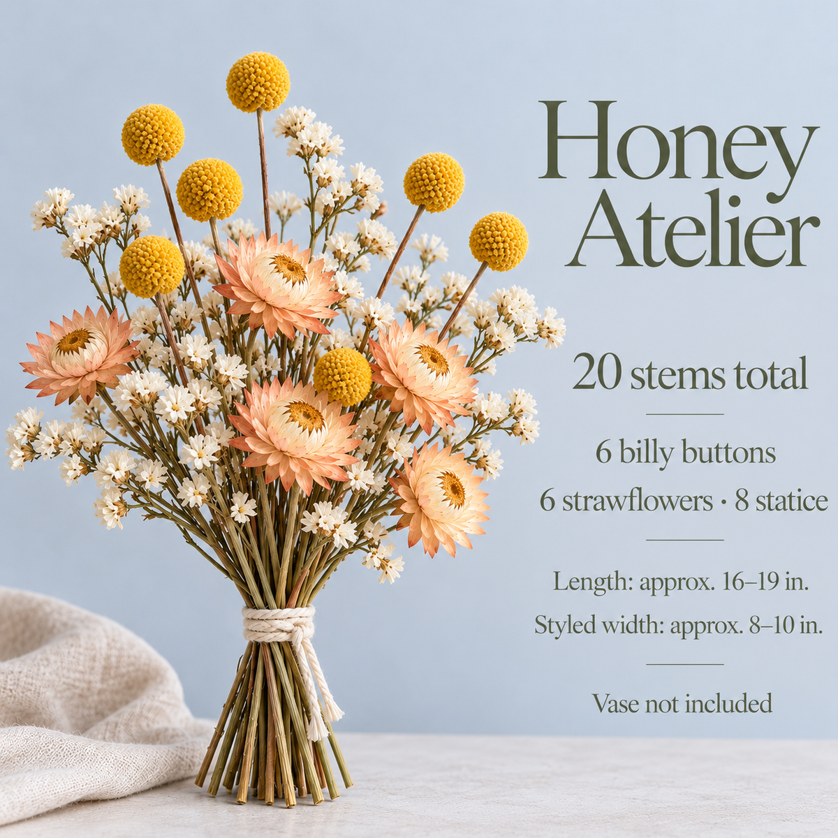 huaongy™ Honey Atelier Dried Flower Bouquet — 20 Real Yellow Billy Button, Apricot Strawflower & White Statice Stems