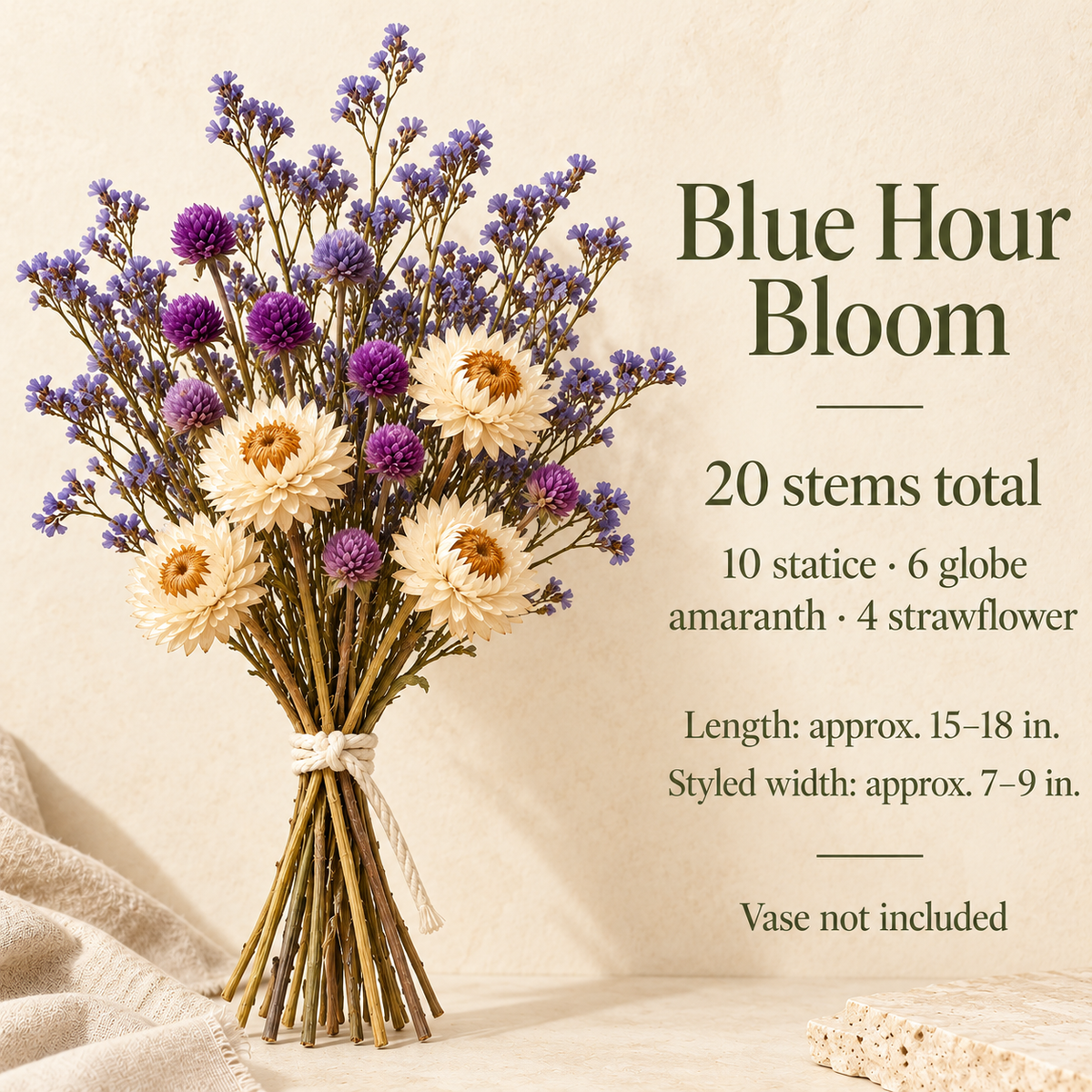 huaongy™ Blue Hour Bloom Dried Flower Bouquet — 20 Real Statice, Globe Amaranth & Strawflower Stems, Blue-Violet Floral Arrangement
