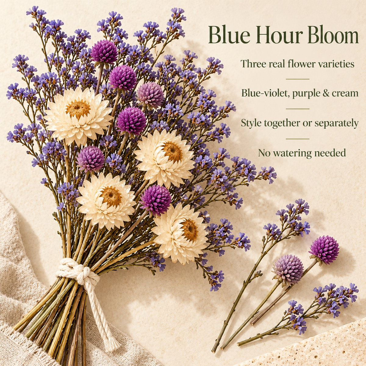 huaongy™ Blue Hour Bloom Dried Flower Bouquet — 20 Real Statice, Globe Amaranth & Strawflower Stems, Blue-Violet Floral Arrangement