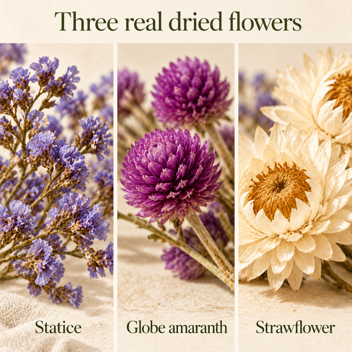 huaongy™ Blue Hour Bloom Dried Flower Bouquet — 20 Real Statice, Globe Amaranth & Strawflower Stems, Blue-Violet Floral Arrangement